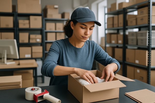 create a photo a girl packaging order in the warehouse